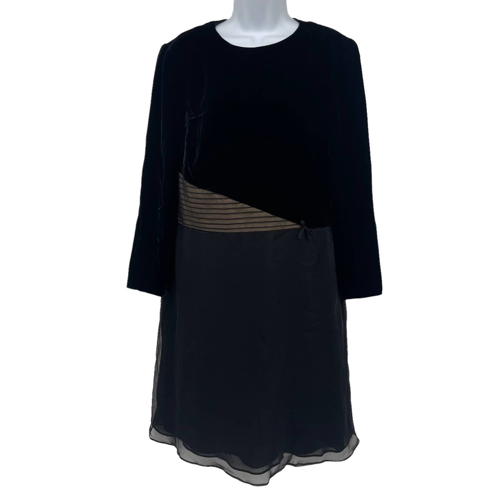 Akris Black Velvet Dress Evening Cocktail Midi Size 10Sheer Panel